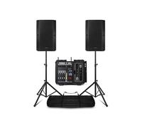 Pack sono complet avec table de mixage, 2 enceintes passives, microphones UHF, câbles et pieds d'enceintes réglables, puissance 1600 W, Bluetooth et