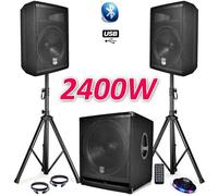 PACK SONO COMPLET BMS1812 USB-Bluetooth 2400W Sub 18"" + 2 Enceintes 12"" + Pieds + Câbles + Tél + Ovni
