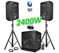 PACK SONO COMPLET BMS1812 USB/Bluetooth 2400W Sub 18" + 2 Enceintes 12" + Pieds + Câbles + Tél + ROUNDIAMS