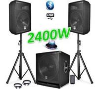 pack sono complet bms1812 usb/bluetooth 2400w sub 18" + 2 enceintes 12" + pieds + câbles + tél + roundiams