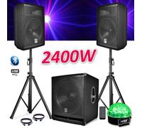 pack sono complet bms1812 usb/bluetooth 2400w sub 18 + 2 enceintes 12 + pieds + câbles + tél + sixmagic