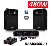 Pack Sono complet DJ-MIX500-BT ampli + enceintes 500W + Table de mixage USB Bluetooth Micro + Câbles