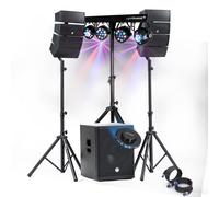 Pack Sono DJ 1200W complet BM SONIC Enceintes +SUB 38cm USB/Bluetooth, Câbles, Portique Eclairage LED, UFO, Bar Salle des fêtes