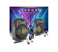Pack SONO DJ 1600W Ibiza PORT15VHF-MKII-TWS, Portable Autonome 15" USB/Bluetooth/ Couplage SANS FIL - Lumières LED, Soirée