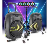 Pack SONO DJ 1600W Ibiza PORT15VHF-MKII-TWS, Portable Autonome 15" USB/Bluetooth/ Couplage SANS FIL - Lumières LED, Soirée