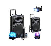 Pack Sono DJ Actif Amplifié sur Batterie 1400W IBIZA SOUND Port-12VHF Mariage Karaoké Anniversaire, Soirée, 3 Jeux de lumières