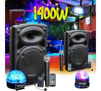 Pack Sono DJ Actif Amplifié sur Batterie 1400W IBIZA SOUND Port-12VHF Mariage Karaoké Anniversaire, Soirée, 3 Jeux de lumières