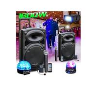Pack Sono DJ Actif Amplifié sur Batterie 1600W IBIZA SOUND Port-12VHF Mariage Karaoké Anniversaire, Soirée, 3 Jeux de lumières
