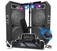 Pack Sono DJ Ampli 4000W, MEGA ENCEINTES 4x38cm de 2x2000W, Table de Mixage Bluetooth, ECLAIRAGE 8 Lumières LED, CLUB BAR FETES