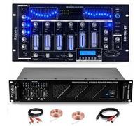 Pack Sono DJ Ampli Ibiza Sound AMP1000-MKII 1600W - Table Mixage Bluetooth DJM102-BT USB Jack XLR - Câbles RCA Jack enceintes inclus Noir