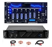 Pack Sono DJ Ampli Ibiza Sound AMP1000-MKII 1600W - Table Mixage Bluetooth DJM102-BT USB Jack XLR - Câbles RCA Jack enceintes inclus Noir