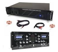 Pack Sono DJ Ampli Ibiza Sound AMP2000-MKII 3000W - Table Mixage Bluetooth DJM250BT-MKII RCA XLR - Câbles RCA Jack enceintes inclus Noir