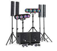 PACK SONO DJ COMPLET 2400W BM SONIC, 4 Enceintes, 2x MEGA SUB 38cm USB/Bluetooth, Câbles, Micros, 2 PORTIQUES ECLAIRAGES LED