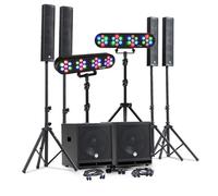 PACK SONO DJ COMPLET 2400W BM SONIC, 4 Enceintes, 2x MEGA SUB 38cm USB/Bluetooth, Câbles, Micros, 2 PORTIQUES ECLAIRAGES LED