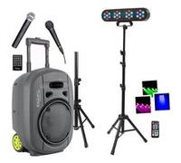 Pack Sono Enceinte Portable Autonome Bluetooth Ibiza PORT8VHF-MKII-TWS USB 400W 3 Micros - Pied Support - Pied 4 Projecteurs PAR Noir