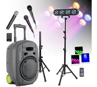 Pack Sono Enceinte Portable Autonome Bluetooth Ibiza PORT8VHF-MKII-TWS USB 400W 3 Micros - Pied Support - Pied 4 Projecteurs PAR Noir