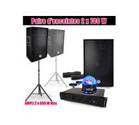 Pack SONO 2 enceintes 2x700W BM SONIC BMS-15, Amplificateur Ibiza AMP-1000 MKII, Supports pieds et câbles, Jeu de lumière