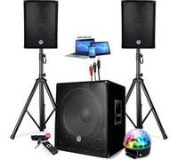 PACK SONO ENCEINTE + SUBWOOFER 1800W USB Bluetooth + PIEDS + CABLES et BOULE LED offerts - PA DJ SONO MIX Soirée disco mobile