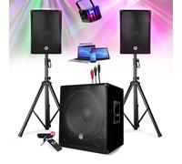 PACK SONO ENCEINTE + SUBWOOFER 1800W USB Bluetooth + PIEDS + CABLES et DERBY LED offerts - PA DJ SONO MIX Soirée disco mobile
