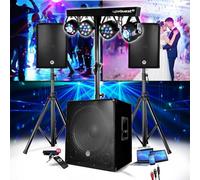 Pack Sono Enceinte + SUBWOOFER 1800W USB Bluetooth + Pieds + Cables + PORTIQUE LUMIERES - PA DJ Sono Mix Soirée Disco Mobile