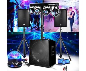 PACK SONO ENCEINTE + SUBWOOFER 1800W USB Bluetooth + PIEDS + CABLES + PORTIQUE LUMIERES - PA DJ SONO MIX Soirée disco mobile