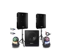 Pack Sono Ibiza 1800W - 2 Enceintes DISCO12B 600W - Pied support - Caisson de Basses SUB15A - 2 Lyres 30W Wash - Soirée DJ Club