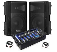 Pack Sono Ibiza 2 Enceintes Actives Bluetooth USB TWS XTK15A-MKII 600W - Table de mixage Ibiza DJM102-BT Bluetooth - Câbles RCA