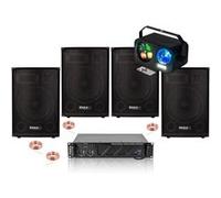 Pack Sono Ibiza 3200W Total - 4 Enceintes Passives 400W - Ampli 2x800W AMP1000-MKII - Jeux Lumières 3-en-1 - Soirée Fête DJ