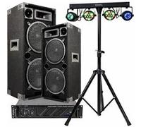 Pack Sono Ibiza 3600W Total - Ampli AMP1000-MKII 2x800W - 2 Enceintes 1000W - Pack 4 Jeux de Lumière DJLIGHT60 - Pied Support