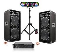 Pack Sono Ibiza Sound - 2 Enceintes Passives 2x1000W - Ampli Professionnel 2x600W - Pied Jeux Lumières 2 PARS 2 Astro Réglable