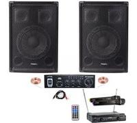 Pack Sono Karaoke Ampli Bluetooth Stéréo USB SD LTC MFA1200USB-BT-BL 2x50W - 2 Enceintes Sono Ibiza 2x300W - 2 Micros Sans Fil UHF Noir