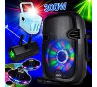 pack sono karaoké party8 300w + jeux de lumière 2 effets ovni + 1 derby kolor + 1 gobo lcm003led
