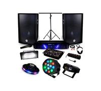 Pack Sono + Light Ampli AMP-300 + HP BMS-12 de 1200W + Pack 4 lumières Effet OVNI RVB Strobe Las PAR-MINI