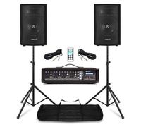 VONYX Pack Sono Complet Max Music/Power Dynamics 2 Enceintes 8″ 800 W + Mixer-Ampli 4 Canaux + Pieds & Câbles - Système Audio Pro pour DJ, Groupe, Bar, Répétition