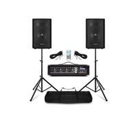 VONYX Pack Sono Complet Max Music/Power Dynamics 2 Enceintes 8″ 800 W + Mixer-Ampli 4 Canaux + Pieds & Câbles - Système Audio Pro pour DJ, Groupe, Bar, Répétition