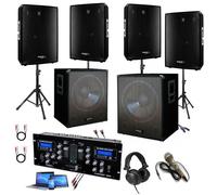 Pack Sono MEGAS BASSES 4400W avec 4 Enceintes 2800w Total - 2 Caissons 1600w Total - 1 Table de Mixage DJM250-BT