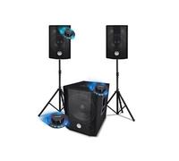 PACK SONO tout en 1- 1000W, Caisson bi-amplifié, USB Bluetooth, SUB 30cm, câbles, pieds, Animations, Mariages, Jeux de lumières