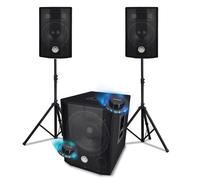 PACK SONO triphonique 1000W BMS 1208, Caisson bi-amplifié, USB Bluetooth, SUB 30cm, 2 SAT 8, câbles, pieds, Jeux de lumières