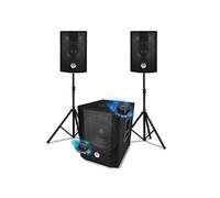 PACK SONO triphonique 1000W BMS 1208, Caisson bi-amplifié, USB Bluetooth, SUB 30cm, 2 SAT 8", câbles, pieds, Jeux de lumières