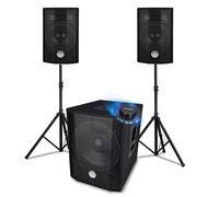 PACK SONO triphonique BMS 1208, Caisson bi-amplifié 1000W - USB Bluetooth, 30cm, 2 Satellites 8, câbles, pieds, Jeu de lumière