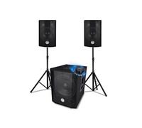 PACK SONO triphonique BMS 1208, Caisson bi-amplifié 1000W - USB Bluetooth, 30cm, 2 Satellites 8, câbles, pieds, Jeu de lumière