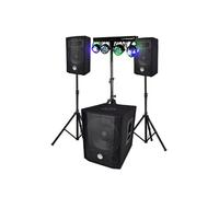 Pack sonorisation 1000W BMS1208, Caisson bi-amplifié 600W, USB Bluetooth, 30cm, Satellites, câbles, Portique + 4 PAR /UV DMX
