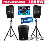 Pack Sonorisation 2.1 de 1000W DJ BMS12 ARRAY Enceintes satellites + Caisson + Pieds - USB/SD/Bluetooth + Lumière Ovni