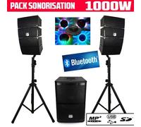Pack Sonorisation 2.1 de 1000W DJ BMS12 ARRAY Enceintes satellites + Caisson + Pieds - USB/SD/Bluetooth + Lumière Ovni