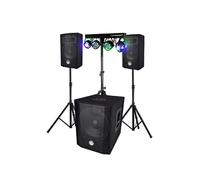 Pack sonorisation BMS1208, Caisson bi-amplifié 1000W, USB Bluetooth, 30cm, Satellites, câbles, Portique + 4 PAR /UV DMX, 18 prog
