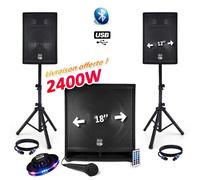 PACK SONORISATION COMPLET BM SONIC 2400W USB/BT MKII - 2 Enceintes 12" + Caisson SUB Actif 18" Animation Mobile Mariage