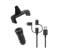 Pack Support Voiture Grip 360° + Chargeur Allume-cigare + Câble 3 en 1 Noir