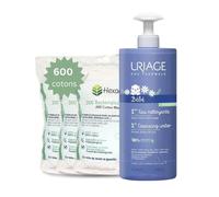 Pack Uriage Eau Nettoyante Bébé 1L et 600 Cotons 8x10 cm - Visage et Corps dès la Naissance - 98 % d’Origine Naturelle