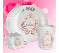Pack vaisselle carton mariage - Just Married Rose Gold - 80 assiettes Ø22,5cm, 80 gobelets 27cl, 80 serviettes 25x25cm - Déco chic et élégante (80 personnes, mariage)