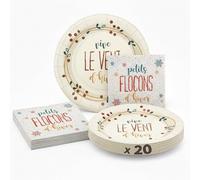 Pack Vaisselle de Noël - 20 Assiettes Ø22 cm Vive le Vent d’Hiver + 20 Serviettes 33x33 cm Petits Flocons - Idéal pour Repas de Fêtes, Déco de Table, Ambiance Hivernale